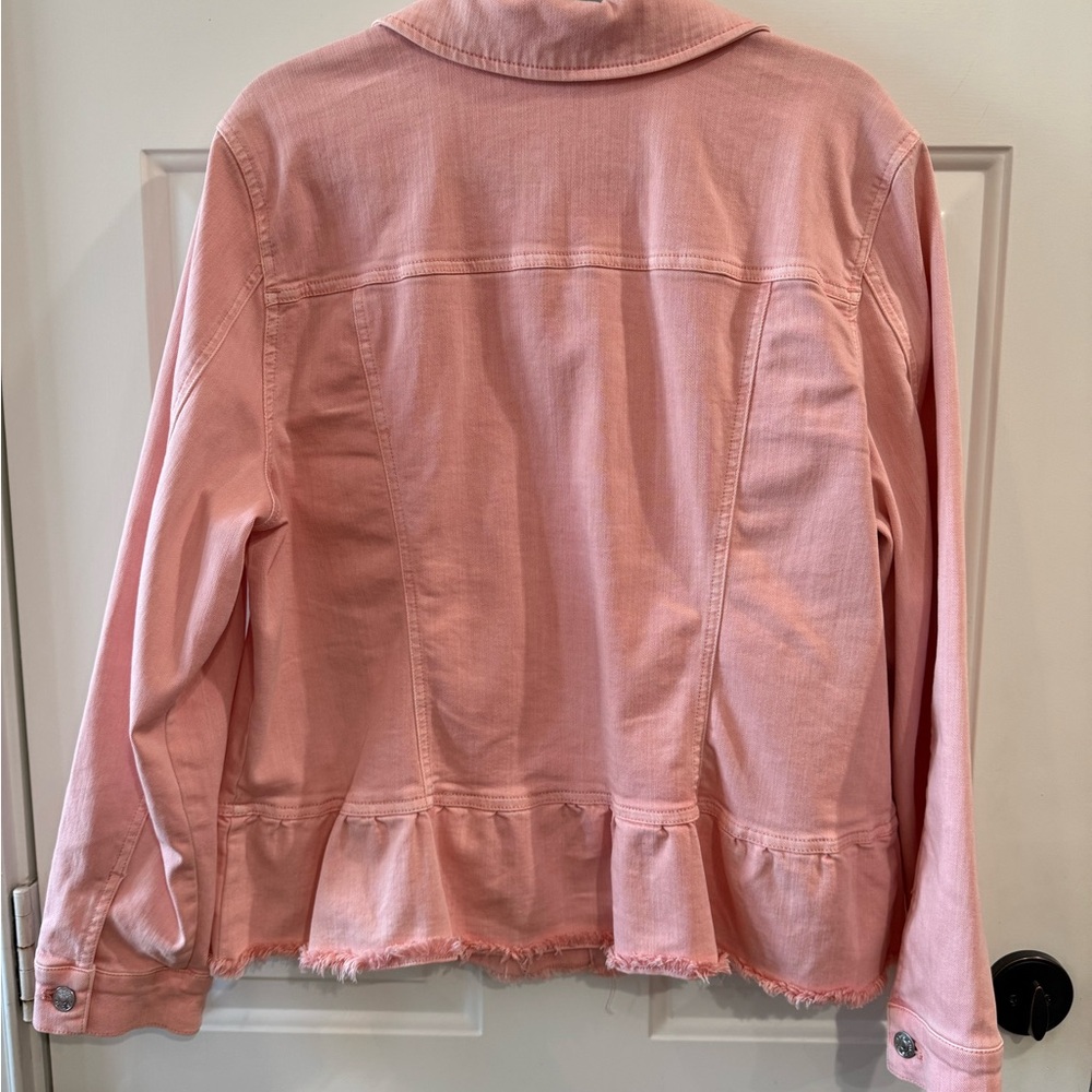 Chico's Soft Pink Denim Jacket with Frayed Peplum Hem - Picture 3 of 7